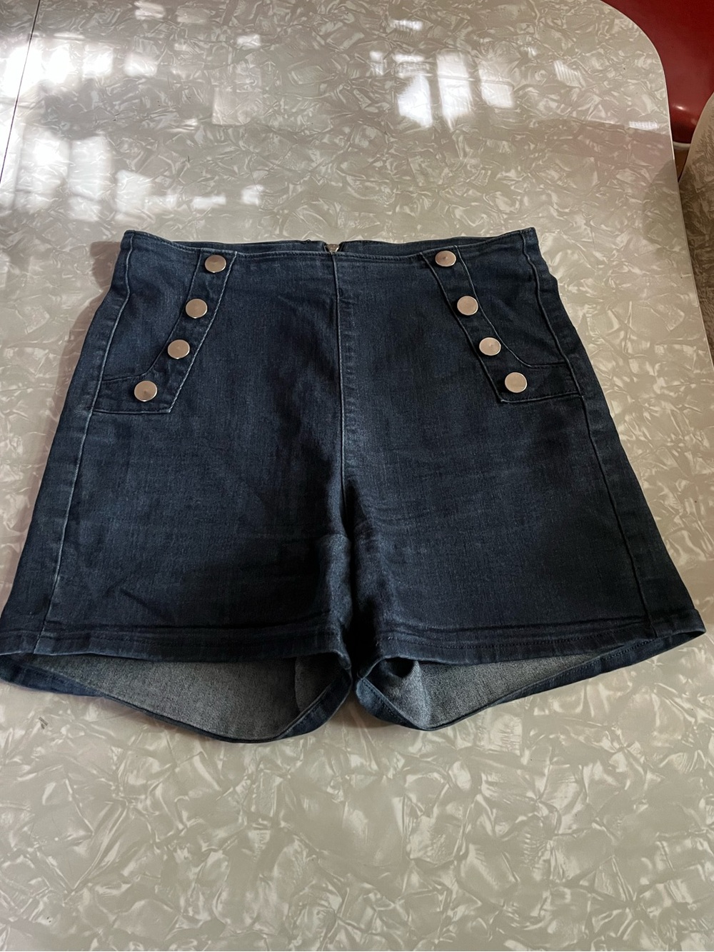 ModCloth High-Waist Dark Blue Denim Shorts with Silver Buttons
